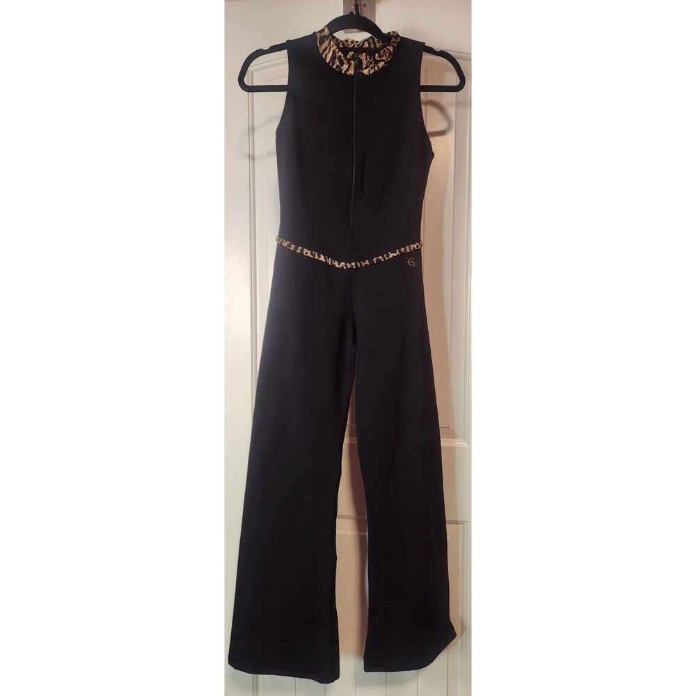 Women’s Backless Sleeveless Mock Neck Jumpsuit Small Black Leopard Print Trim